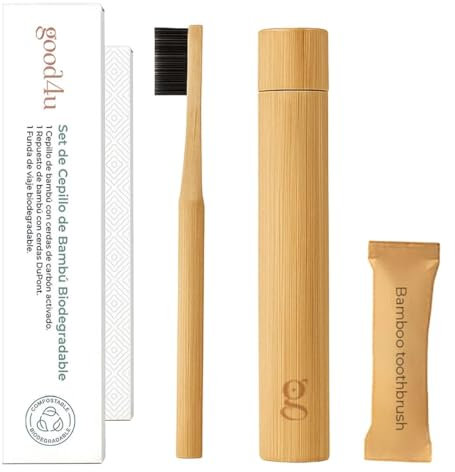 Good4u® - Set Cepillo de Dientes Viaje, Cepillo de Bambú con Cerdas Suaves de Carbón Activado + Repuesto + Estuche Biodegradable, Cepillo Ecológico Adulto, Zero Waste