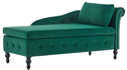 Klassisches Samt-Chaiselongue-Sofa mit verstecktem Stauraum, gepolstertes Knopf-Design, Nagelkopfbesatz, Lendenkissen, stilvolle Holzbeine für Wohnzimmer, Schlafzimmer, Büro (Grün)