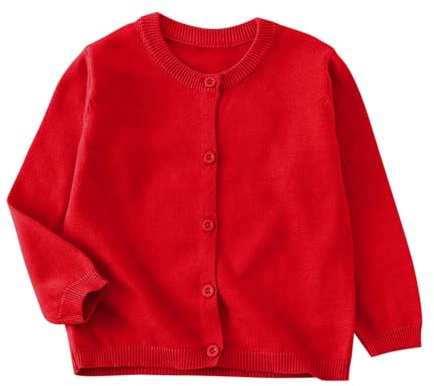 XINYUNZU Strickjacke Mädchen Cardigan Langarm Rundhals Einfarbig Baumwolle Strick-Pullover Jacke mit Knöpfen Schuluniform Bequeme Basic Strickjacken für Kinder Rot 7-8 Jahre