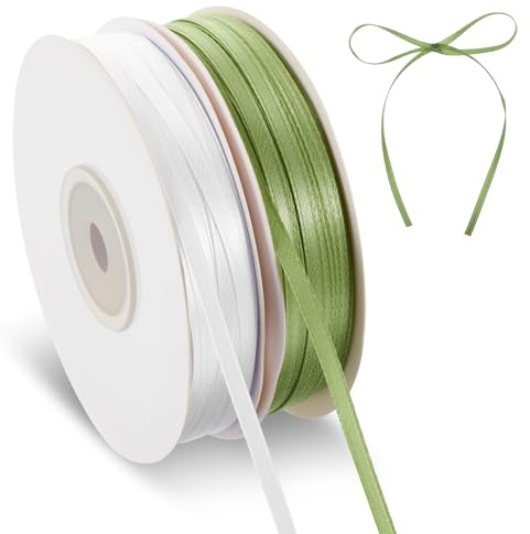 Yuanchu 91 m Schleifenband Grün und Satinband Weiß, 3 mm Satinband Geschenkband Dekoband Doppelseitig Für Basteln Hochzeit Deko
