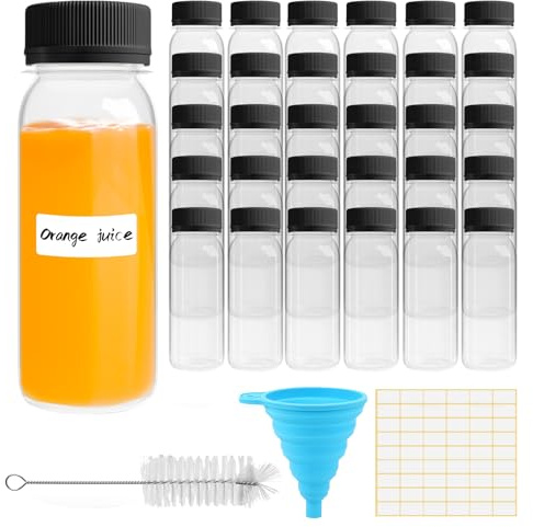PWGHWG 30 Pezzi Bottiglie Vuote di Succo di Plastica, 60ml Bottiglie Succhi Riutilizzabili con Coperchi, Etichetta e Imbuto, Bottiglia per Bevande, Contenitore Trasparente per Bevande