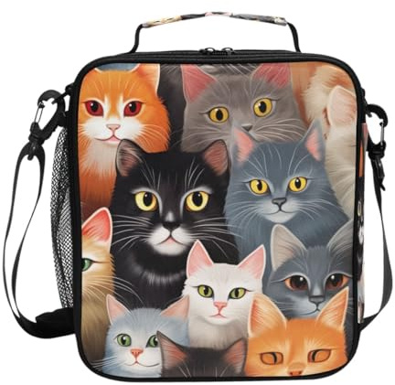 Lonchera reutilizable con aislamiento de gatos coloridos para niñas, niños, lonchera portátil con correa para el hombro para oficina, camping, trabajo, viajes