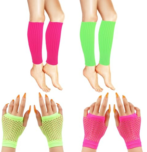 Miiqxx 2 Pairs Neon Leg Warmers And 2 Pairs Fishnet Gloves, 80s Accessories For Women And Girls, Green And Pink Leg Warmers