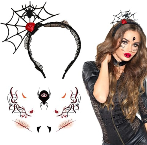 GGUFAY Halloween Spinnennetz-Kopfschmuck für Damen, inklusive Kopfschmuck und Gesichtstattoo, geeignet für Halloween, Party-Rollenspiele, Karneval