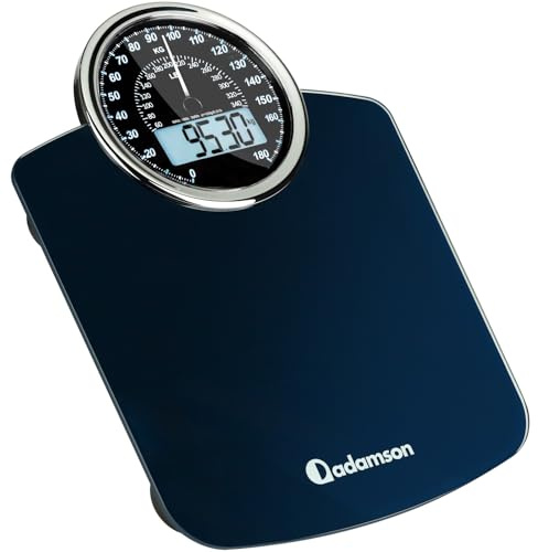 Báscula Híbrida 2 en 1 Analógica y Digital Adamson para Peso Corporal de Hasta 180 kg - Vidrio Grueso - Pantalla Extragrande - Báscula Digital - Fácil de Leer - Azul con Retroiluminación Negra