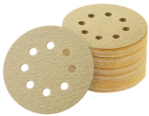 50PCS 125mm 8 Hole Sanding Discs 180 Grit Round Sandpaper Hook and Loop Pads Yellow Random Orbital Sander Sandpaper for Wood Metal Plastic