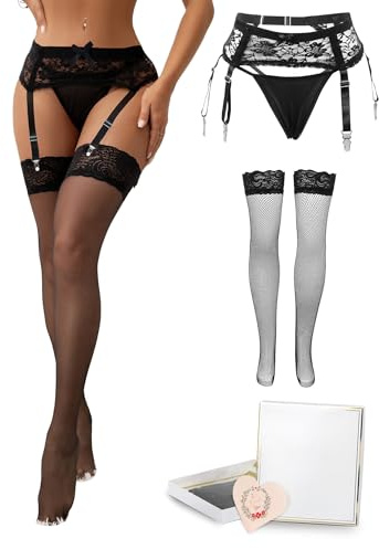 sunshinlady Porte Jaretelles Dentelle Femme Grande Taille Haute Porte-jarretelle Sexy Ensemble avec 4 Attaches Adjustable Guêpière Lingeire Transperente avec String et Bas Respirant Noir 3XL-4XL