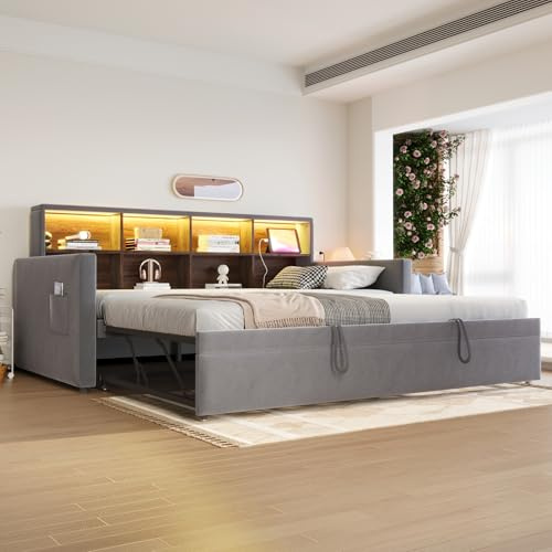 Kebnor Polsterbett Schlafsofa 90x190cm, Kopfteil mit integrierten Staufächern, LED-Lichtleiste und Ladesteckdosen, mit ausziehbarem Bett, Samtpolsterung (Dunkelgrau)
