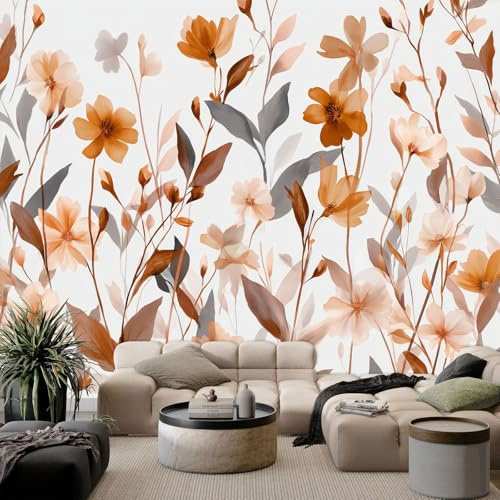 Generico Bianco Carta da Parati Panoramica, Acquerello Fiore Foglia Arte Carta da Parati Murales Fotomurale 250 x 175 cm (L x A) – Decorazioni per Soggiorno e Camera da Letto