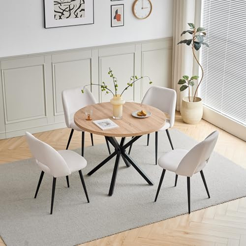DEYARNA HOME Matgrupp med 4 stolar, 100 cm runt bord med 4 stoppade sammetsmatstolar, Mid-Century Modern-design för kök, vardagsrum, restauranger (ljus träkorn + beige)