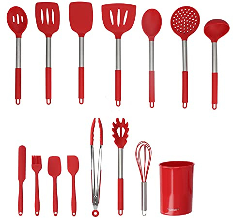 WAHEWUD 15 piezas Juego de utensilios de cocina de silicona, utensilio de acero inoxidable, cabezal resistente a 248 °C con espátula para ollas y cubo de almacenamiento (rojo)