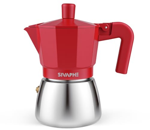 Sivaphe Stovetop Coffee Maker for Induction, Aluminium Moka Pot Italian Espresso Maker with Heat-Resistant Handle (Red, 3 Cups)