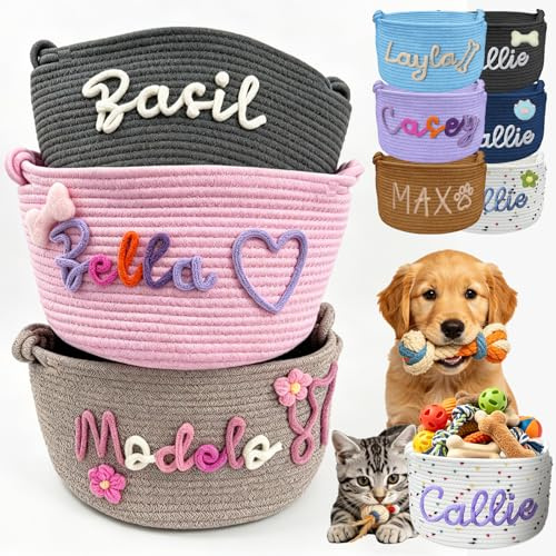 Hundespielzeugkorb, personalisierbar, Aufbewahrungsbehälter für Katzenspielzeug, großer robuster Baumwollseilkorb für Welpen/Kätzchen, handgefertigte Haustier-Spielzeugkiste mit Namensstickerei