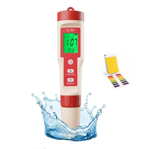 PH Chlormessgerät Pool Digitales Wasserqualität Tester, 5 in 1 PH/Chlor/ORP/H₂/Temp Messgerät mit pH Teststreifen und LCD-Display, für Trinkwasser Spa Aquarium Hidroponik Hydrokultur