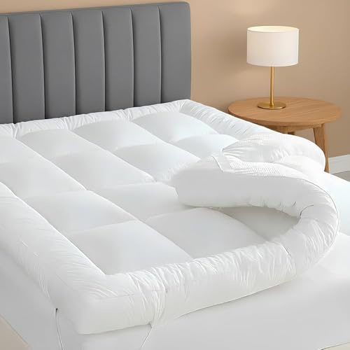 Mattress Topper Double Hotel Quality – 2 Inch Extra Deep (5cm) Microfibre – Ultra Soft, Breathable, Fluffy Hollowfibre Filling – Box Stitched with Elastic Corner Straps – White
