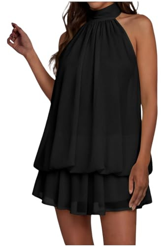 2026 Robe Femme Mini Col Montant Nuque Double Volants Robe de Soirée Sensuelle pour Fête et Cocktail Dos Ample Flowy Plissé de Soirée Cocktail Été Plage Sortie Amoureuse pour Femme Élégante (S)