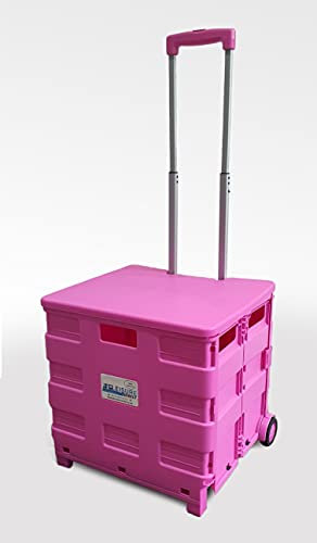 NEW PINK LARGE FOLDING SUPERMARKET GROCERY SHOPPING CAMPING BOOT TRUNK CART CRATE TROLLEY 35KG FOLDABLE + LID