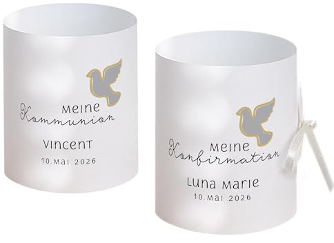Tischdeko Konfirmation personalisiert | Motiv Taube | Jugendweihe Taufe Kommunion | Set 8 Stück inkl. Schleifenband