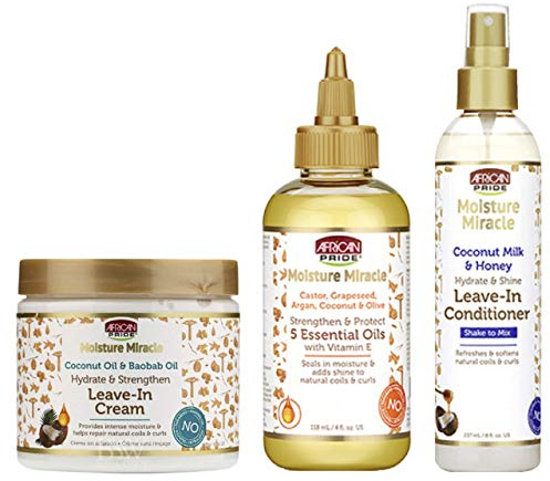 African Pride Moisture Miracle Leave-in Conditioner, Leave-in Cream and Miracle 5 Essentail Oils for Hair to Strength & Protect SET, Coconut Oil, Honey, Chococlate, Coconout Oil and Milk