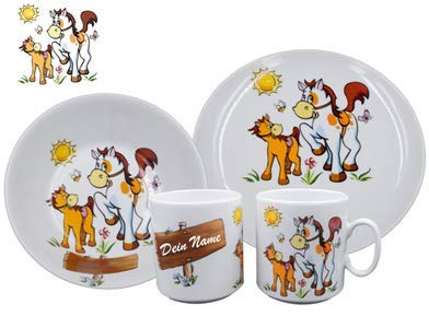 Carstens Keramik® Geschirr-Set mit Namen Porzellan Pony Pferd aus hochwertigem Porzellan, mit Wunschnamen