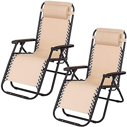 TIENDA EURASIA – Pack 2 Tumbonas Plegables Reclinables para Jardín y Exterior | 95x65x105 cm | Estructura de Acero | Cojín Incluido | Tejido Transpirable | Multi-Posiciones (Beige)
