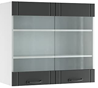 Vicco Küchenglasschrank Fame-Line, Anthrazit Landhaus, 80 cm | MDF-Front · Soft-Close · Tiefe – 34,1 cm · Metallgriffe · ✓ Alles im Blick