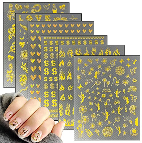 Gold Nail Art Stickers 3D Self-Adhesive Decals-Flame Snake Butterfly Flowers Fairy Heart Nail Art Design Holographic Laser Glitter Nail Decoration for Women Girls Manicure Charms Supplies (6 Sheets)