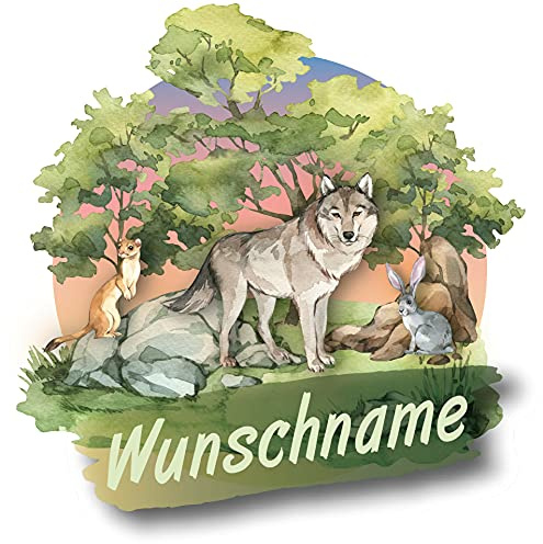 Samunshi® Wolf Aufkleber mit Namen Autoaufkleber Namensaufkleber Kinder Namensetikett für Brotdosen Babyaufkleber Kinderaufkleber 10 x 10cm Wolf