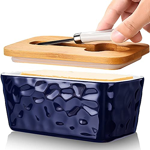 AISBUGUR Butter Dish Ceramic Butter Dish with Lid Porcelain Butter Container with Knife and Lid Upgrade Airtight Large Butter Box Unique Stone Pattern Blue