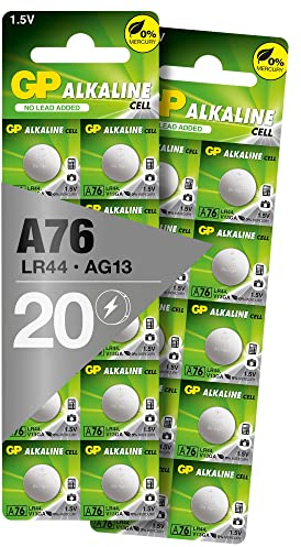 GP LR44 button cells, batteries L1154f / AG13 / V13GA, pack of 20 button batteries, alkaline 1.5 V (voltage 1.5 volt)