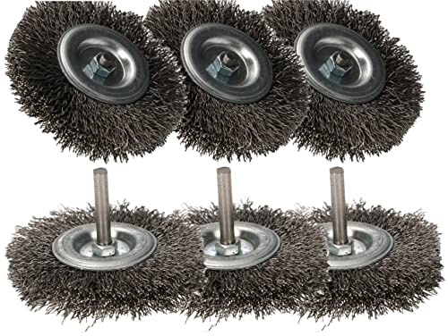 KOTARBAU® 6 x Cepillos de disco de alambre 80 mm, Cepillo para metales y piedra para limpiar y eliminar el óxido, pintura, Cepillo metálico para taladro, Cerdas onduladas, Vástago redondo 6mm, 6 ud