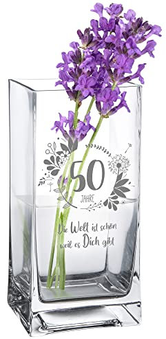 Casa Vivente Jarrón para 50 cumpleaños con bonito grabado, jarrón de cristal rectangular con edad y mensaje como regalo de cumpleaños para mujeres, jarrón de flores para decoración moderna