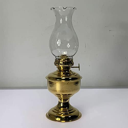 Luxury Brass Kerosene Lantern for Indoor Use Glass Lamp Pure Copper Antique Oil Lamp, Handmade Metal Kerosene Lamp, Clear Glass Chimney, Decorative Lights, Blackout Emergency Lights Fixture 24cm High