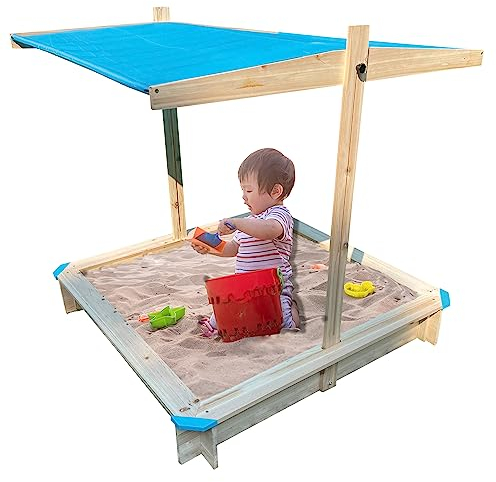 NYVI Kinder Sandkasten mit Dach NYVIKids Lucia 116x116 cm - Sandkasten mit Verstellbarer Sonnenschutz Abdeckung & 4 Sitzbänken - Sandbox aus Holz Wetterfest, Langlebig - Sandkiste Kindersandkasten