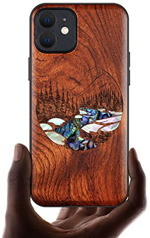 Carveit Coque magnétique pour iPhone 12 Étui de Protection [Gravure en Bois et Incrustation de Coquille] TPU Case Compatible avec 12 Magsafe Artistique Coque (Rosé-Paysage)