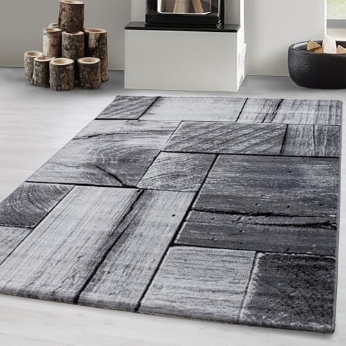 Carpetsale24 Teppich Wohnzimmer 140x200 cm Schwarz Modern Holz Optik Design Kurzflor Schlafzimmer Esszimmer Küche Jugendzimmer Waschbar Pflegeleicht Extra Weich