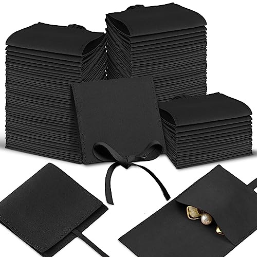 Sotiff 80 Pcs Microfiber Jewelry Pouch 8x8 cm Jewelry Packaging Bag Luxury Small Gift Bag for Small Business Envelope Style Bracelet Packaging Bow Tie Microfiber Pouch with Strings Divider(Black)