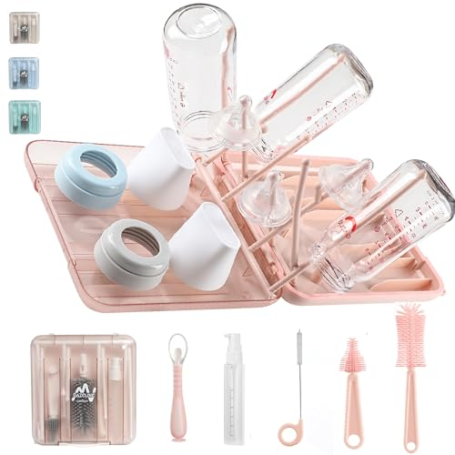 BAZELINE CREATIONS 7-in-1 Babyflaschen Reinigungsset: Flaschenbürste, Saugerbürste, Strohbürste, Seifenspender, Löffel, Trockenständer Babyflaschen, Aufbewahrungsbox – Travel Essentials (Rosa)