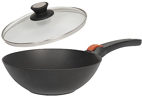 SKK große 2-tlg. Aluguss Wokpfanne Ø 30 cm - Antihaft Wok mit glattem Boden - Griff abnehmbar - mit Glasdeckel und Edelstahlrand - Made in Germany