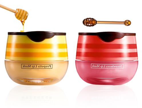 Honeybalm Lip Balm, Lip Mask Lip Sleeping Mask, 2 Pcs Honey+Strawberry Bee Balm, Moisturizing Skincare lip Mask for Day&Night Lip Care,Repair,Prevent Dry Crack,Lip Line Reducing