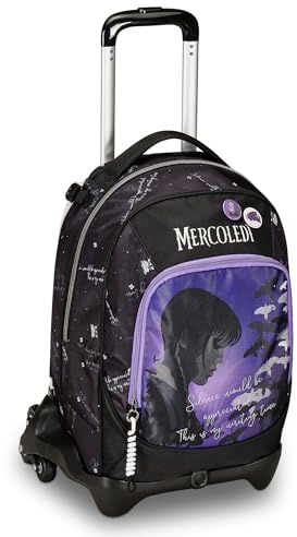 Seven Schultrolley Jack mit 3 Rädern, Mittwoch – Be The Strange You Want To, Schwarz und Violett – 3 in 1, Dreifachverwendung, Rucksack mit abnehmbarem Wagen, Trinkflaschenhalter, Schulrucksack für