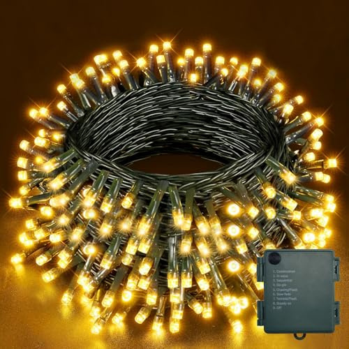 YIFMOO Lichterkette Batterie, 20M 200LED Lichterkette Außen Innen mit Timer | 8 Modi Wasserdichte Weihnachtsbeleuchtung, Grünes Kabel Lichterketten für Weihnachten Garten Partys Deko, Warmweiß