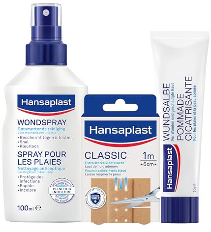 HANSAPLAST Lot avec Spray Antiseptique Désinfectant (1 x 100 ml), Pansements adhésifs classiques (1 x 10), Pommade cicatrisante non parfumée tous types de plaies (1 x 50g), kit de secours pratique