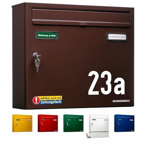 AL Briefkastensysteme Briefkasten mit Hausnummer braun RAL 8017 - Basic 1er Briefkasten mit Hausnummer wetterfest Din A4 - Postkasten mit Hausnummernschild personalisiert