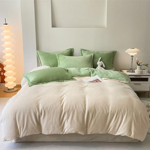 Freyamy Plüsch Bettwäsche 135x200cm 2Teilig Beige Grün Samt Biber Cashmere Touch Winterbettwäsche Flanell Flauschige Wendebettwäsche Warme Bettbezug mit Reißverschluss und 1 Kissenbezug 80x80cm