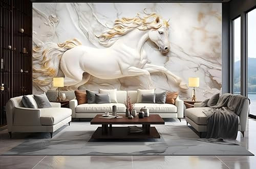 ZYHFDC Papier Peint Panoramique Relief en plâtre du cheval blanc Tableaux Muraux Tapisserie Photo Décoration Murale Salon Chambre 400CM(L)*280CM(H)