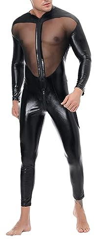 YOSUWOAI Ensemble complet pour homme Catsuit Wetlook Simili cuir en latex Manches longues avec mailles Bodysuit vêtement intégral Wetlook Sous-vêtements Bodysuit ajusté Jumpsuit sexy musculaire, O