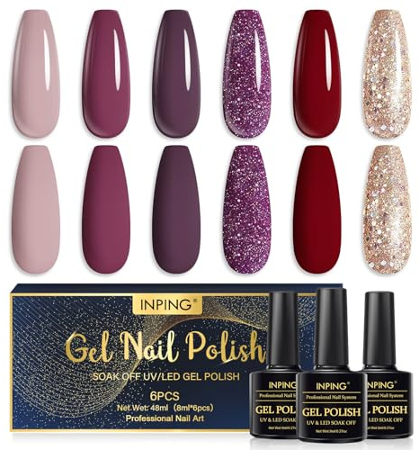 INPING UV Nagellack 6 Stück Dunkelviolett Dunkelrot Gel Nagellack Set | Nude Dunkelviolett Dunkelrot Golden Glitzer Gel Nagellack UV Gel Polish Nagelkunst Maniküre Geschenke für Frauen DIY Salon