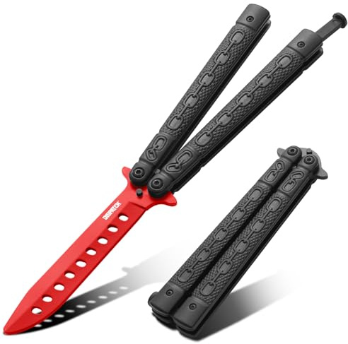Dispatch Butterfly Knife Trainer | Unsharpened Balisong with Red Coated Stainless Steel Blade, Anodized Aluminum Handle & Lock Latch | EDC, Martial Arts, Cosplay, Survival Training Tool