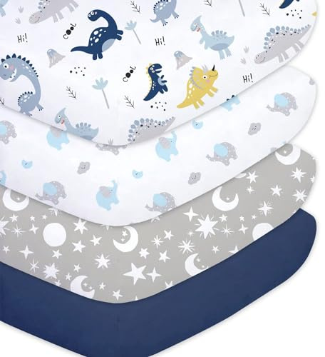 Little Grape Land Draps Housse Bébé 60x120 cm Lot de 4, Draps Housse Lit Bébé Doux et Respirants en Microfibre Polyester, Certifiés Oeko-TEX, Draps Universels pour Lit et Berceau, Dinosaure